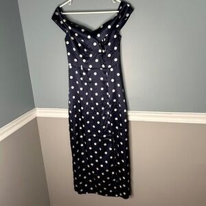MOTF Navy Blue Polka Dot Off Shoulder Dress XS pin up girl retro